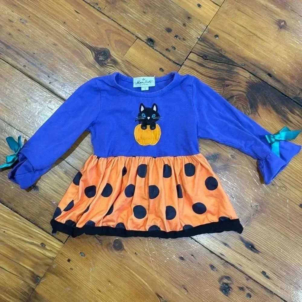 Marie Nicole Purple Cat Halloween Pumpkin Polka Dot Top Shirt size small 3T